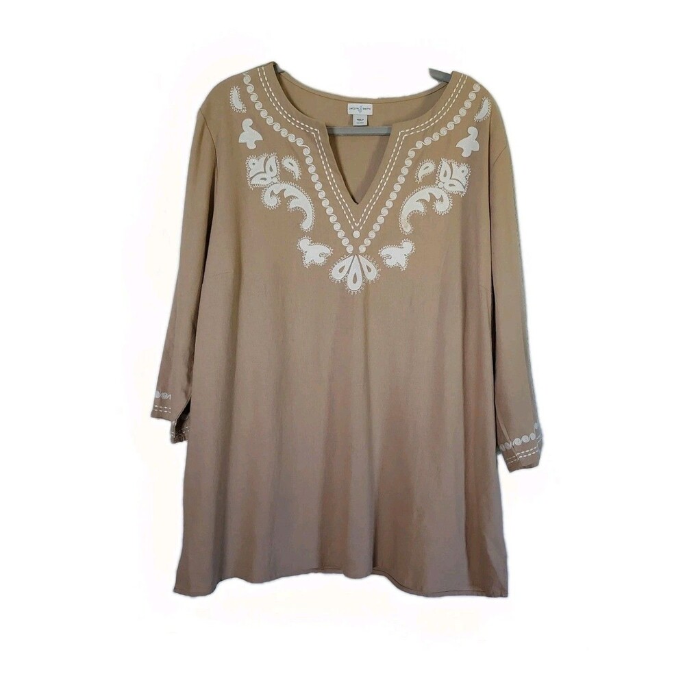 Jaclyn Smith Brown Womens Top Size XXL Linen Blend Boho Embroidered